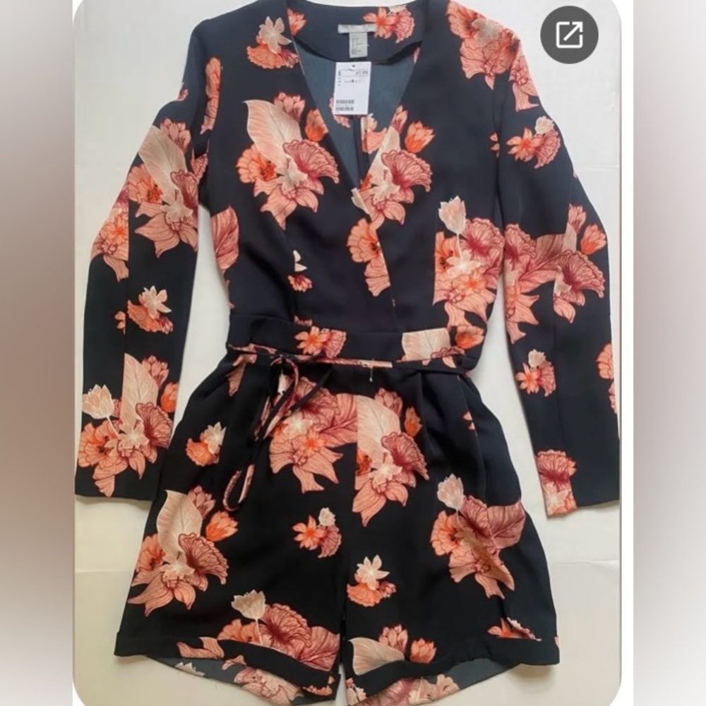 H&M Black and Pink Floral Jumpsuit